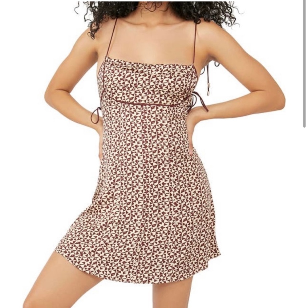 Free People Coffee Combo Kai Print Tie Strap Mini Dress Medium Brown & White